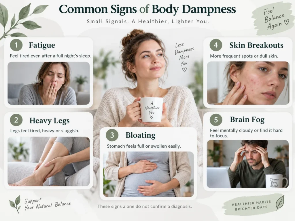 Common symptoms of dampness in the body: fatigue, heavy legs, bloating, skin breakouts, and brain fog