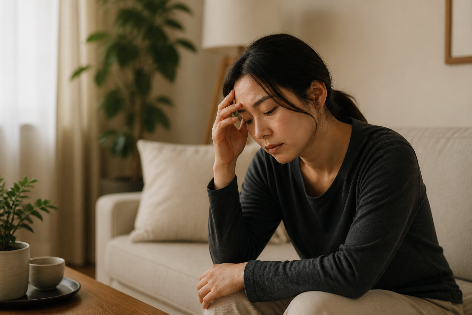 A reflective woman during her wellness journey