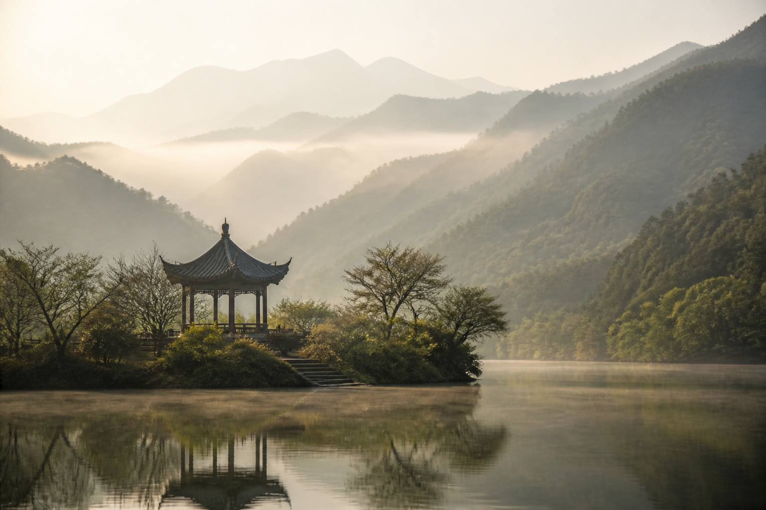 Traditional Chinese pavilion in misty mountains