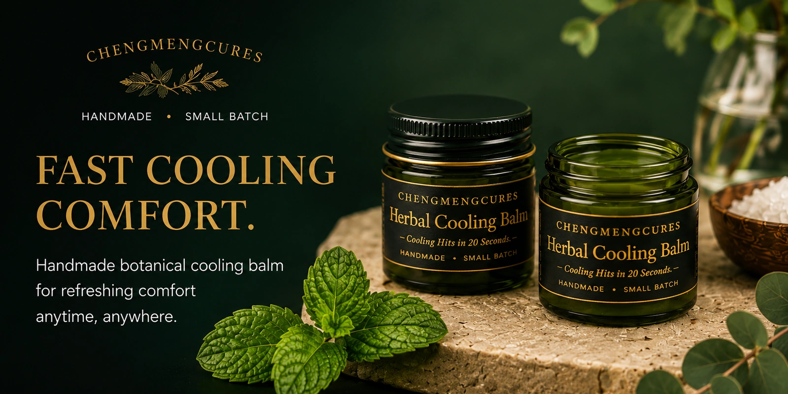 Handcrafted Herbal Cooling Balm hero with mint and botanical ingredients
