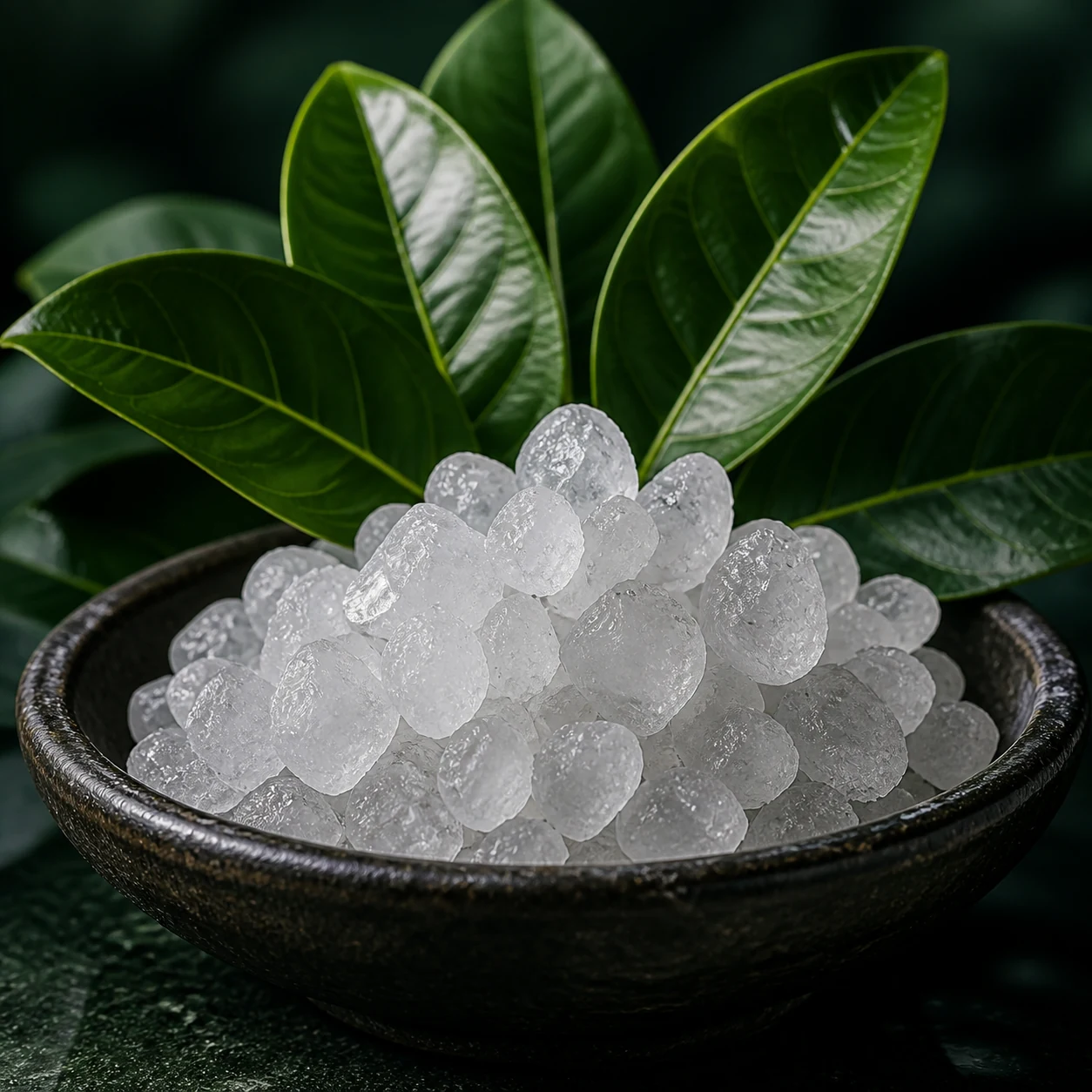 Natural camphor crystals and leaves
