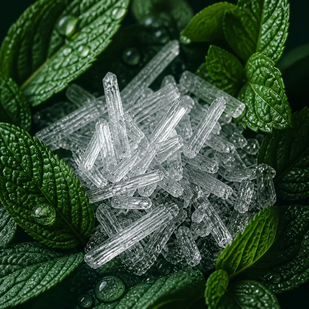 Menthol crystals and mint leaves