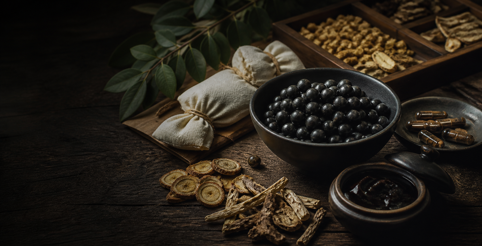 Handmade herbal preparations with traditional herbs and black herbal pills