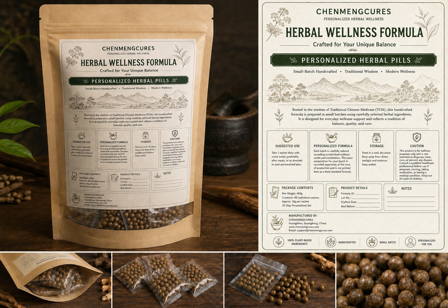 Personalized Herbal Pills package and small-batch product details