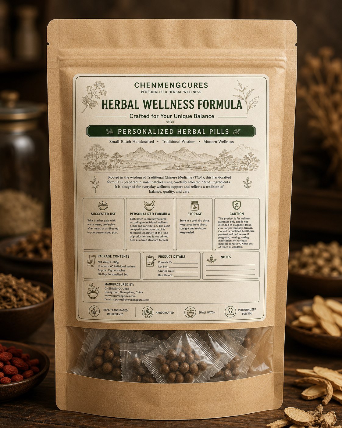 Personalized Herbal Pills in kraft paper packaging