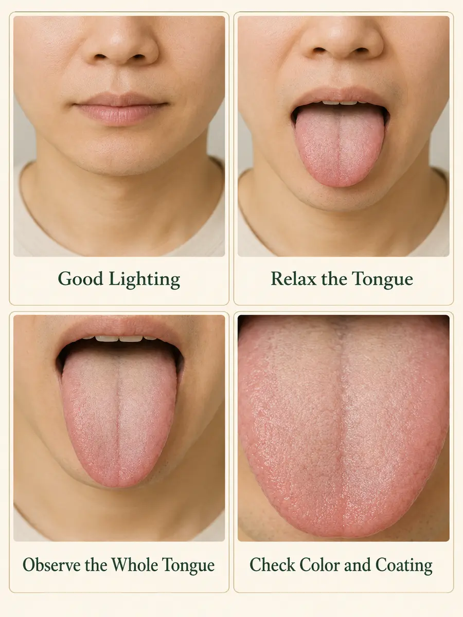 Four steps for examining the tongue in TCM using good lighting relaxation whole-tongue observation and color and coating checks