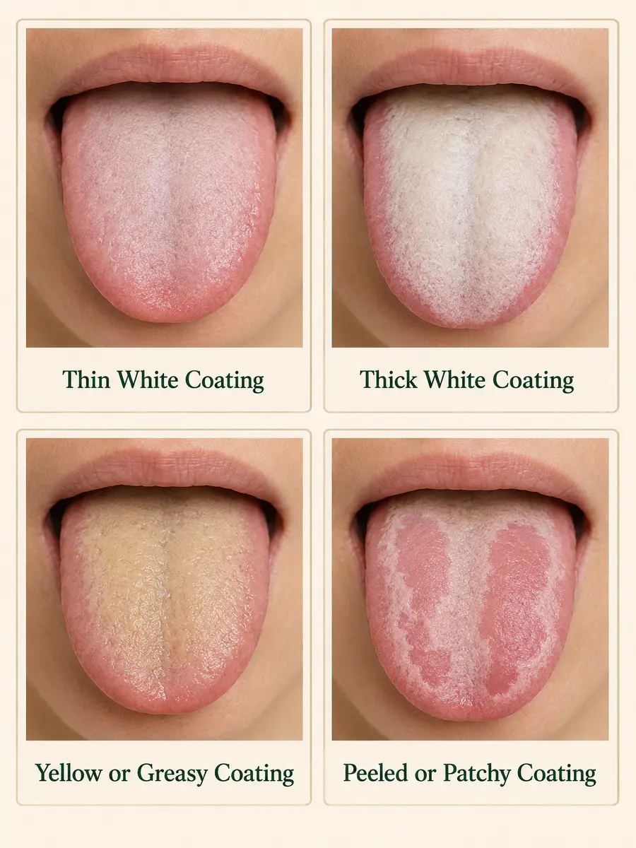 TCM tongue coating comparison showing thin white thick white yellow greasy and peeled or patchy coatings