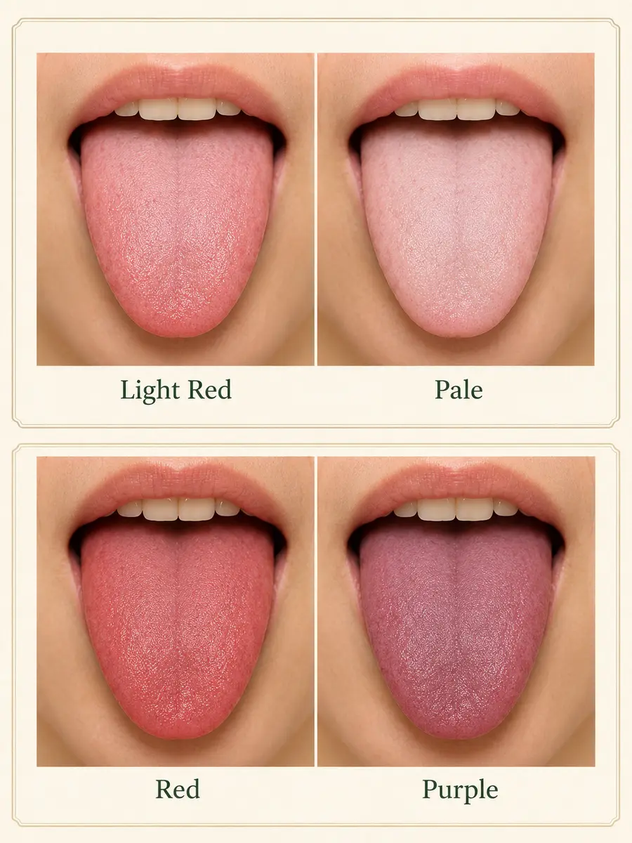 TCM tongue color comparison showing light red pale red and purple tongue colors